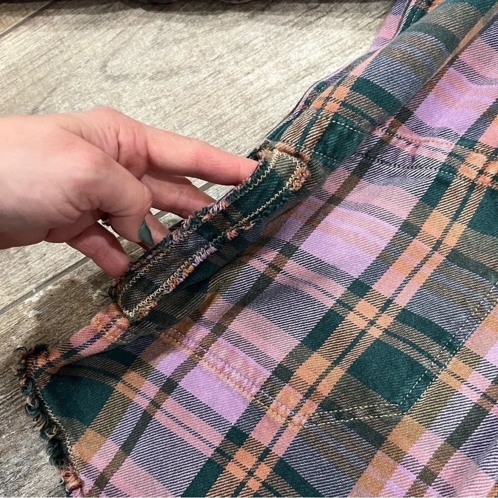 We The Free | Oversized Frayed Plaid Button Up Shirt Pink & Green - Picture 5 of 12